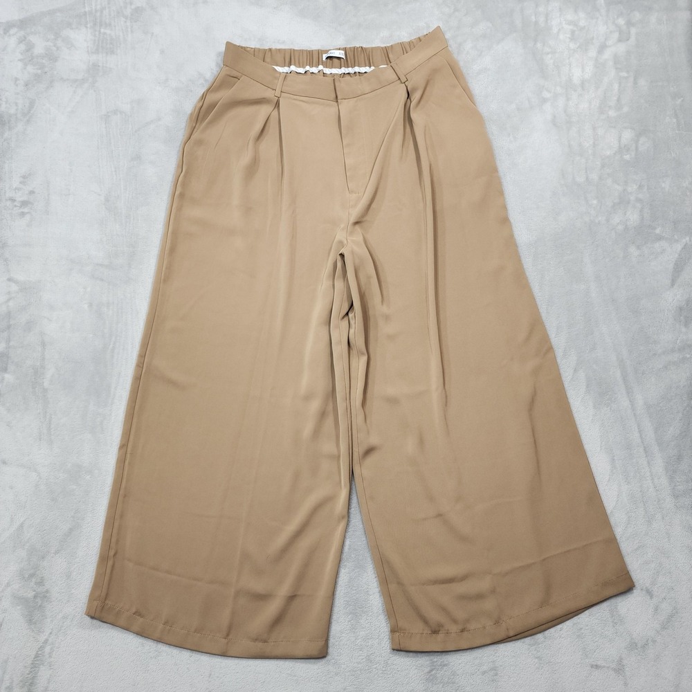 Tronjori Pants Womens 2XL Beige Camel High WaistWide Leg Palazzo Pants Pleated